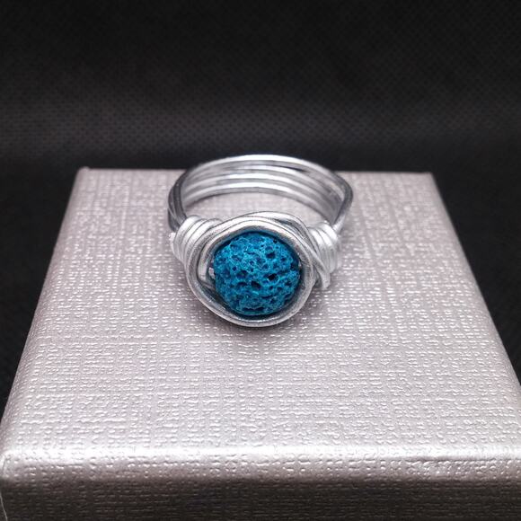 Artisan Turquoise Lava Stone Ring Silver Tone Wire Wrapped Diffuser Boho Sz 8.5 - Picture 3 of 13